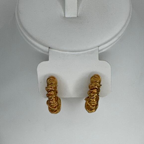Vintage 1980s–1990s Gold Wire Wrapped Croissant Hoop Earrings - Picture 6 of 10